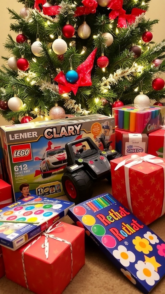 A variety of Christmas gifts for a young boy, including toys and games, under a Christmas tree.
